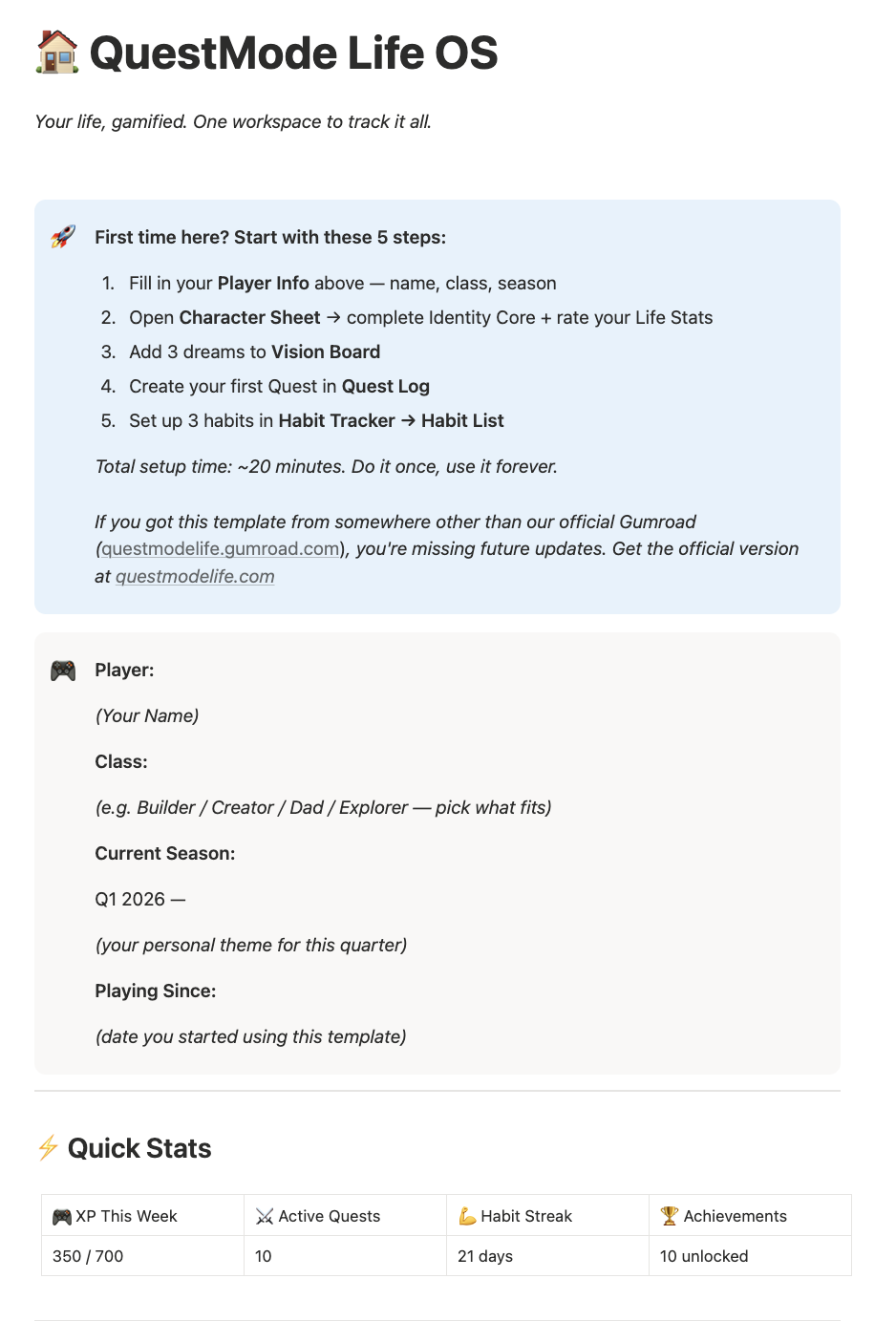 QuestMode Life OS homepage โ Quick Stats, Player Info, Navigate hub