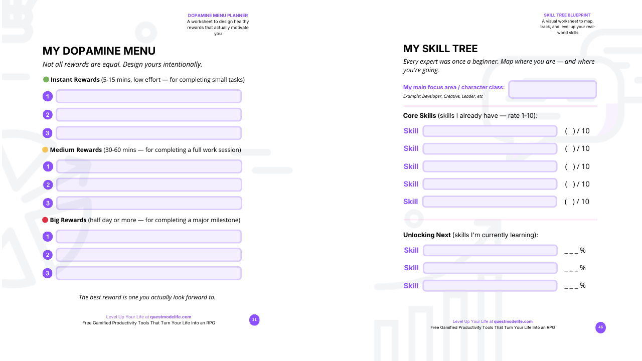 Dopamine Menu + Skill Tree Blueprint worksheet pages